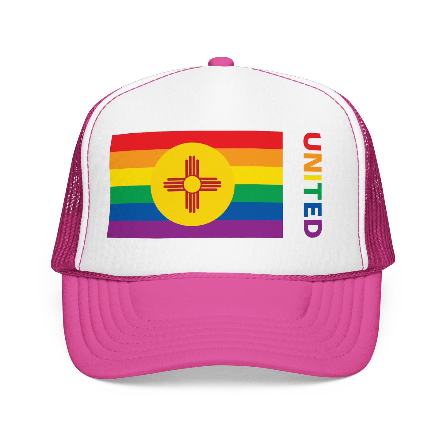 New Mexico Rainbow Pride Flag "UNITED" Printed Foam Trucker Hat, Several Color Options