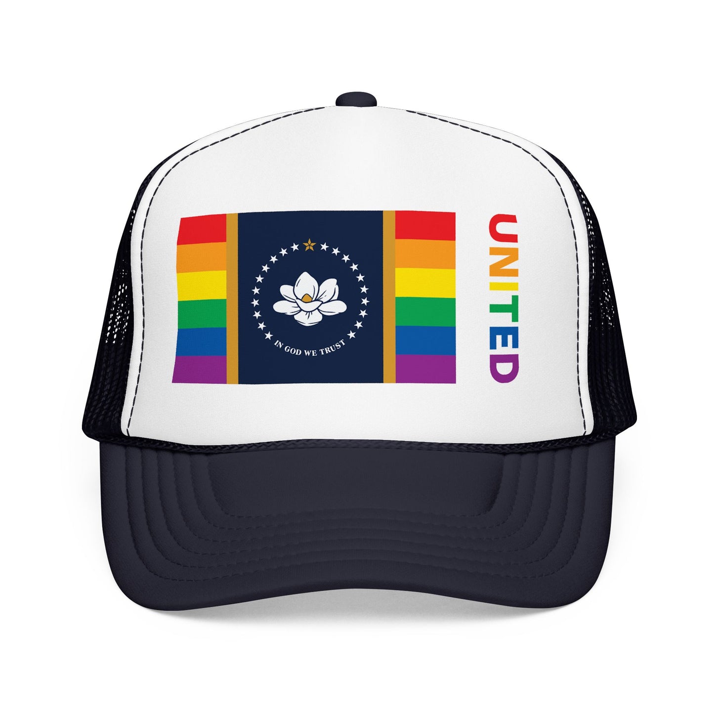 Mississippi Rainbow Pride Flag "UNITED" Printed Foam Trucker Hat, Several Color Options