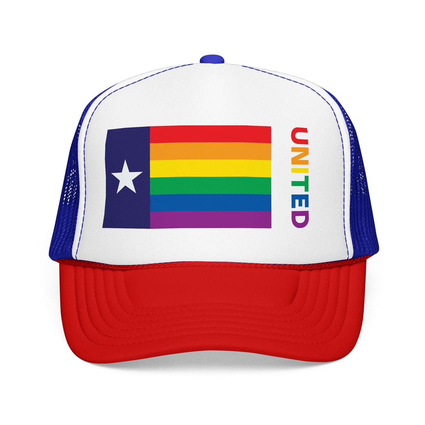Texas Rainbow Pride Flag "UNITED" Printed Foam Trucker Hat, Several Color Options