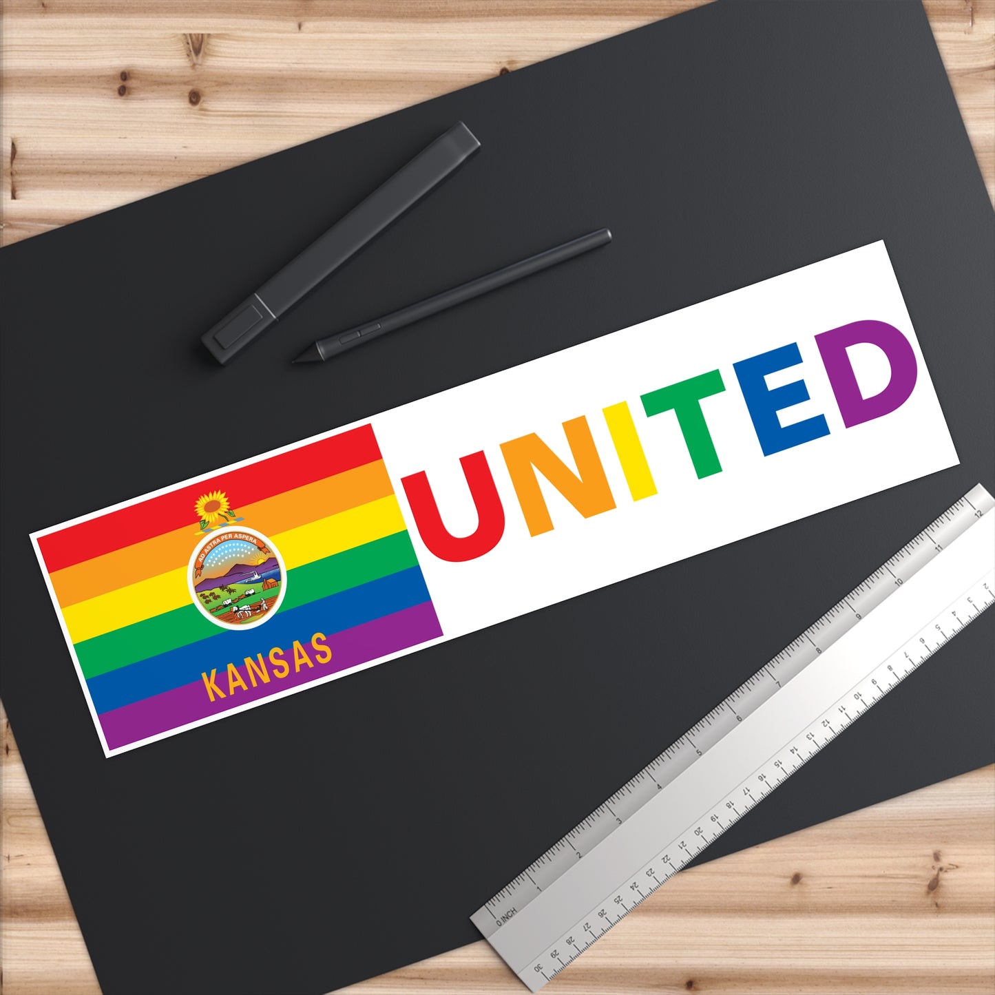 Kansas Rainbow Pride Flag "UNITED" Bumper Sticker