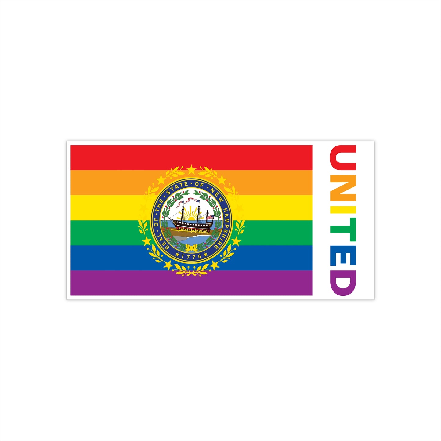New Hampshire Rainbow Pride Flag "UNITED" Bumper Sticker