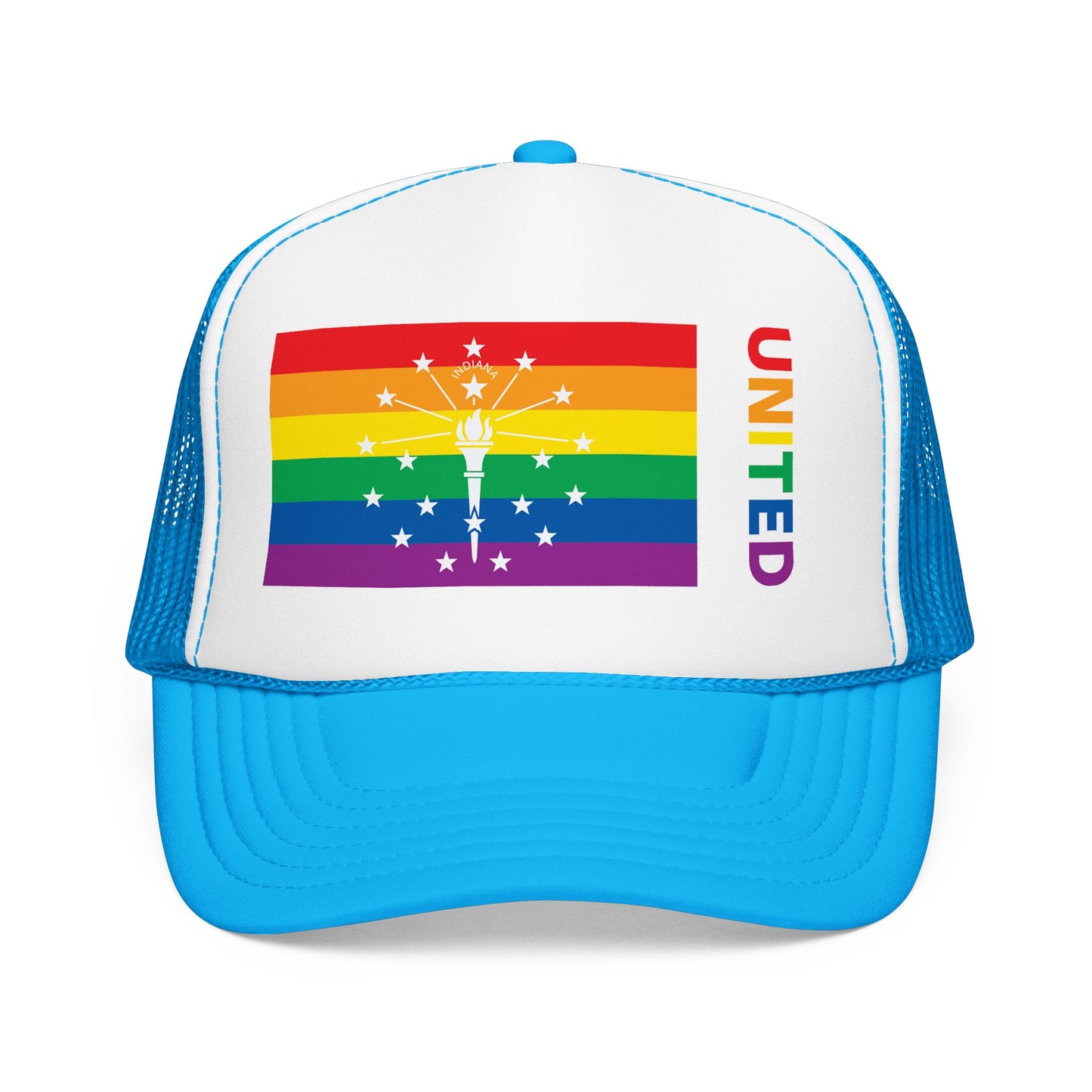 Indiana Rainbow Pride Flag "UNITED" Printed Foam Trucker Hat, Several Color Options