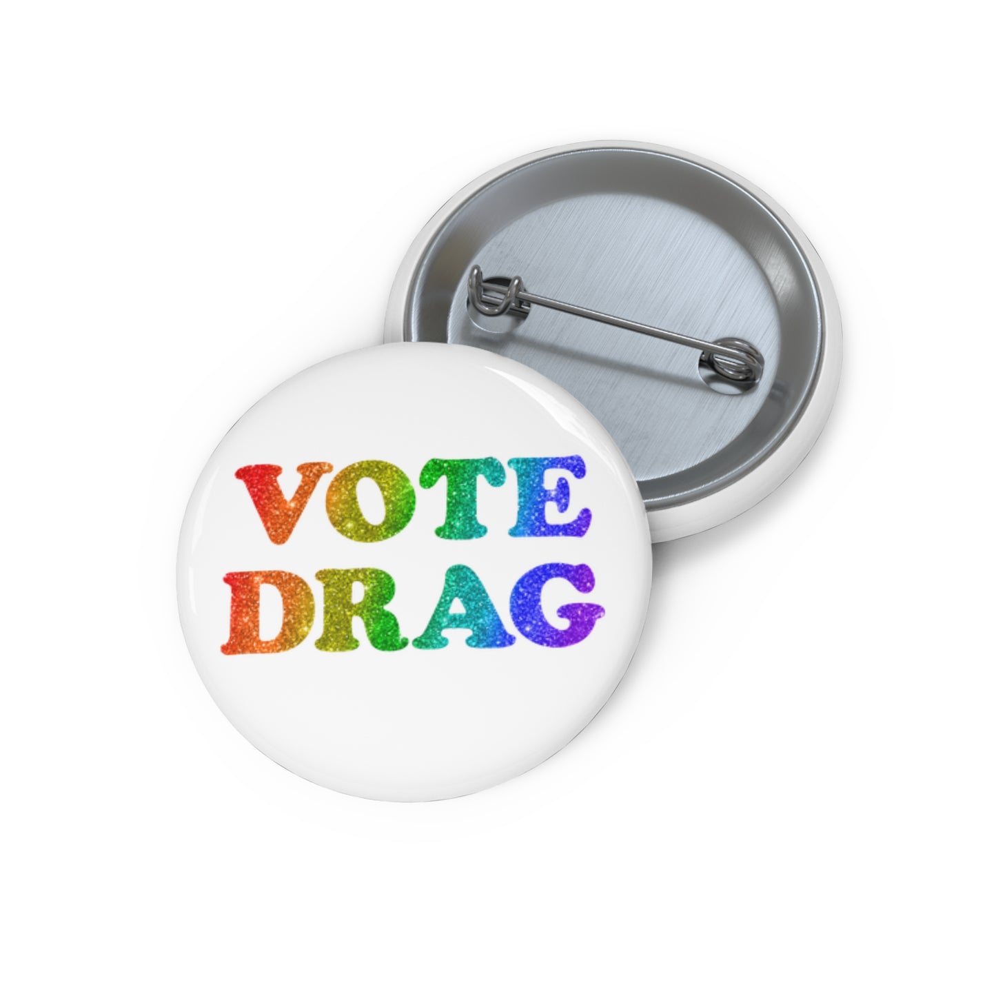 VOTE DRAG Activism Pin Button in Rainbow Glitter on White
