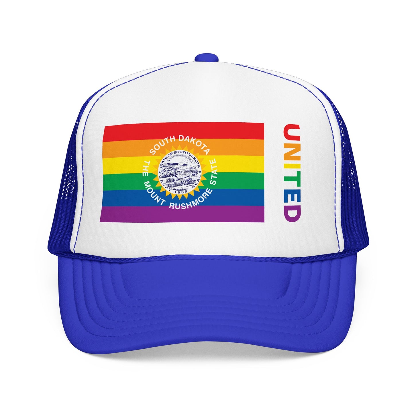 South Dakota Rainbow Pride Flag "UNITED" Printed Foam Trucker Hat, Several Color Options