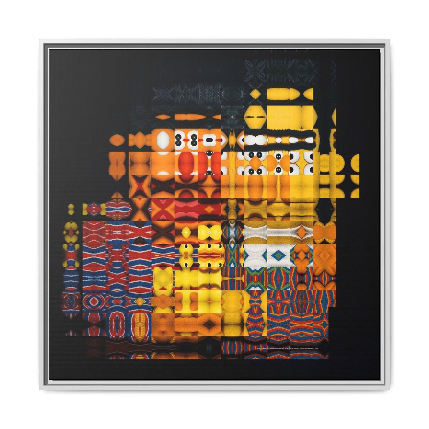 Iconic Domestic Partners in Plain Sight: Bert, Ernie, and Rubber Ducky Abstract Portrait Collage Art — Matte Canvas, Framed (Multi-color options)