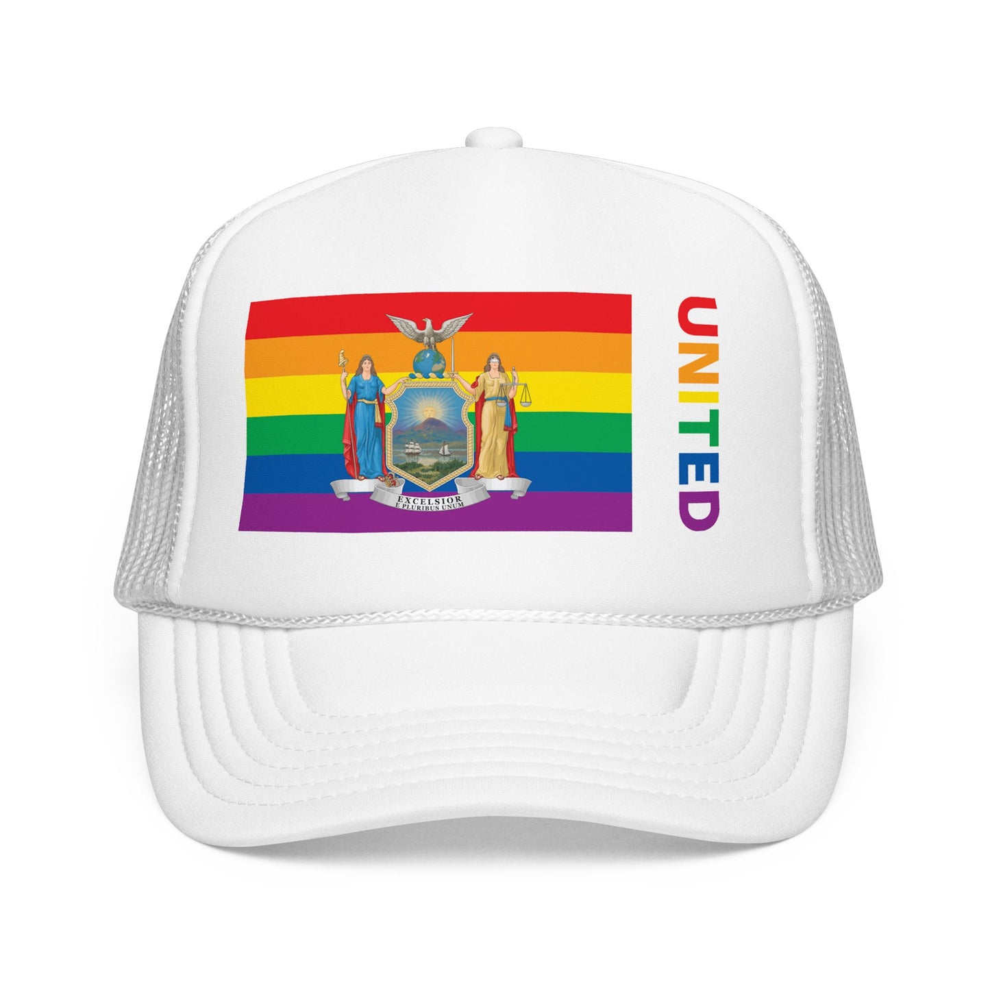 New York Rainbow Pride Flag "UNITED" Printed Foam Trucker Hat, Several Color Options