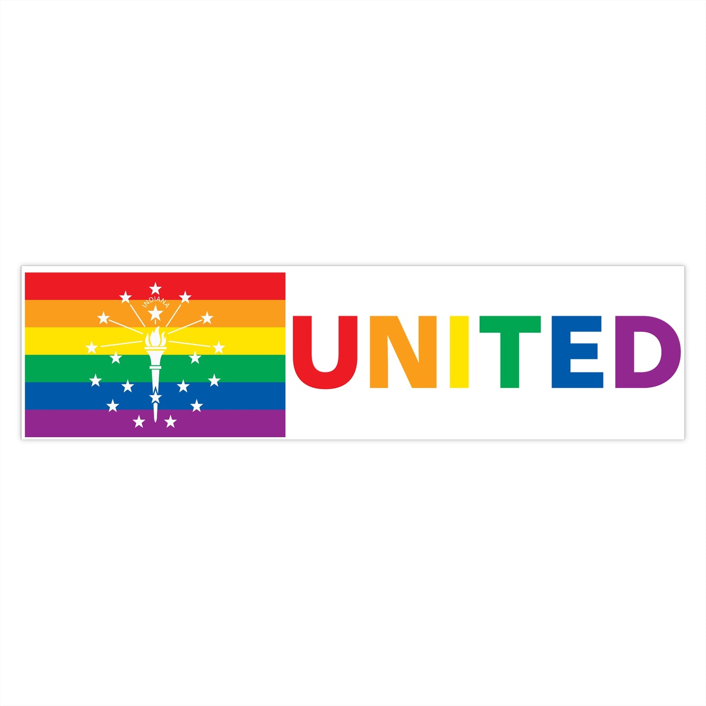 Indiana Rainbow Pride Flag "UNITED" Bumper Sticker