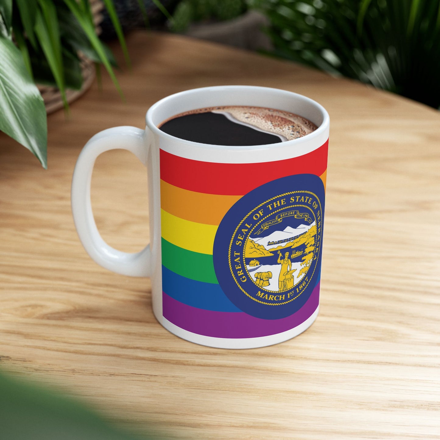 Nebraska Rainbow Pride Flag "UNITED" Ceramic Mug