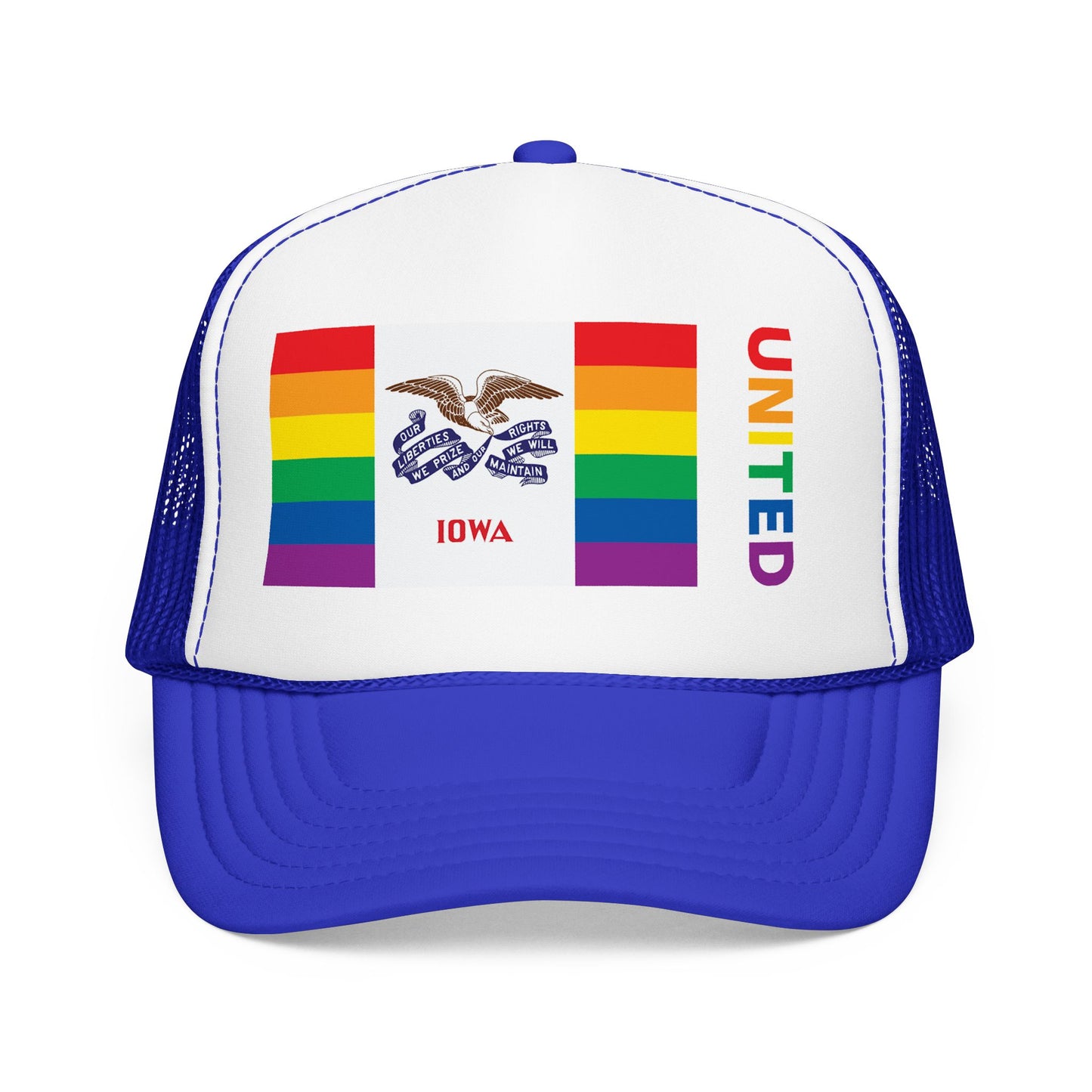 Iowa Rainbow Pride Flag "UNITED" Printed Foam Trucker Hat, Several Color Options