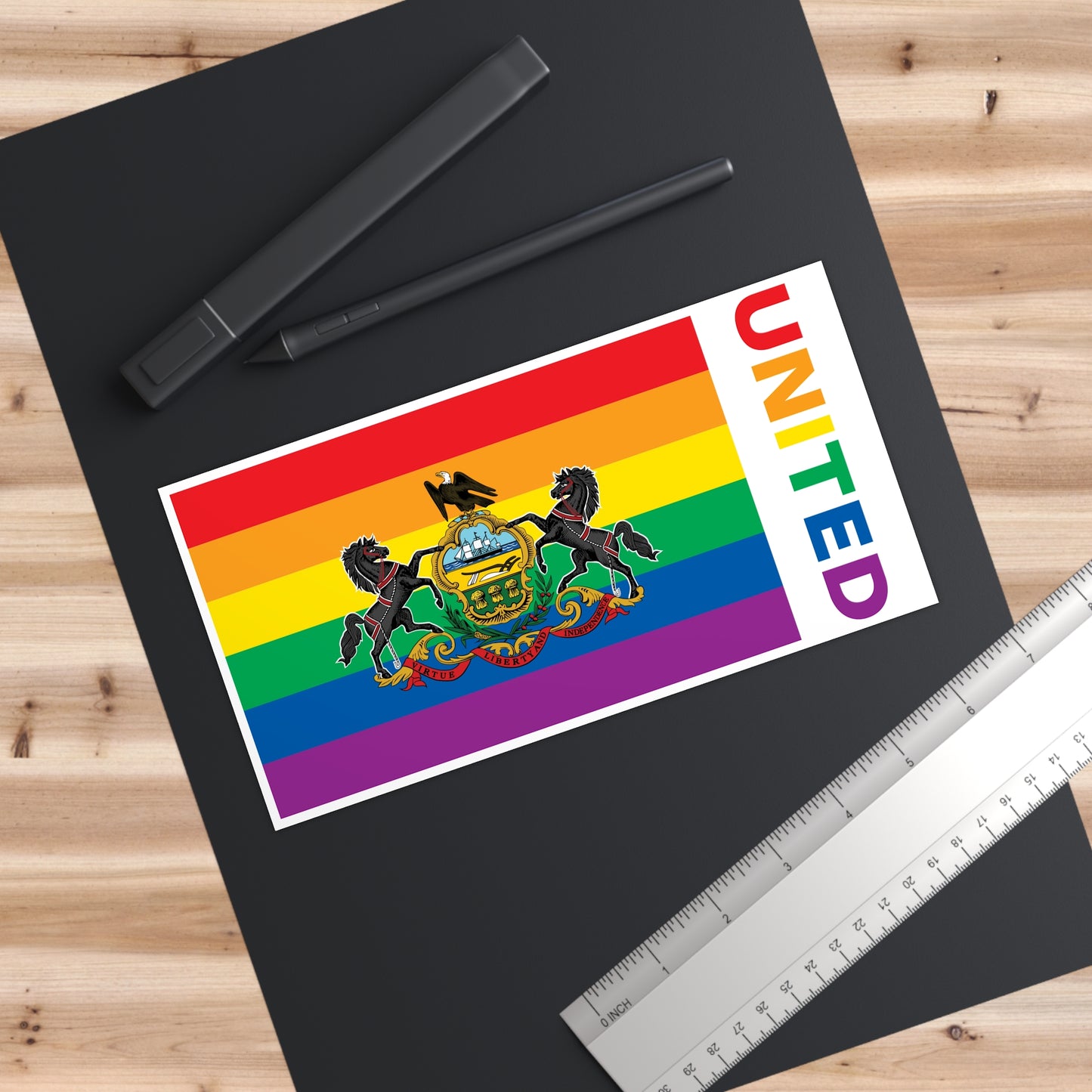 Pennsylvania Rainbow Pride Flag "UNITED" Bumper Sticker