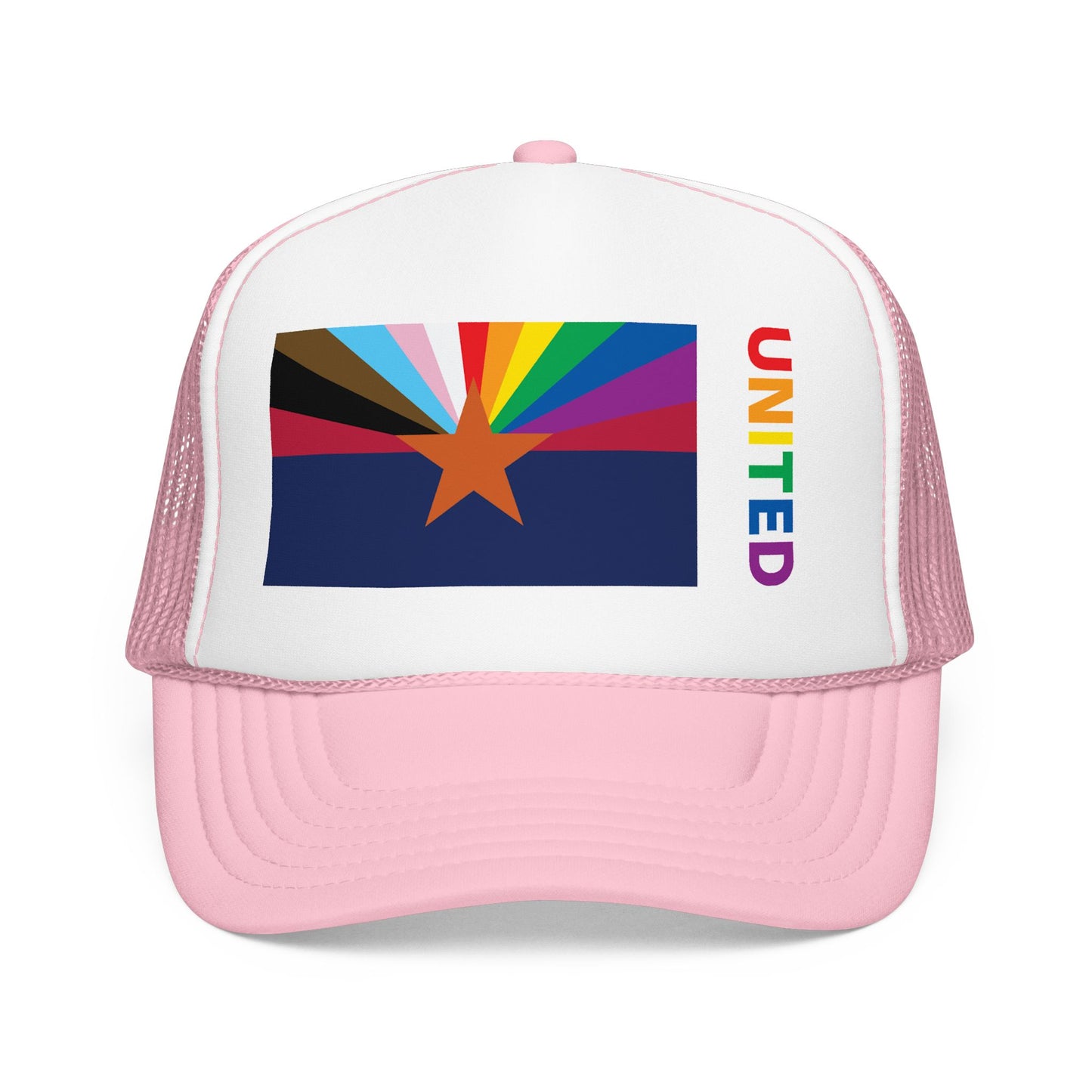 Arizona Rainbow Pride Flag "UNITED" Printed Foam Trucker Hat, Several Color Options