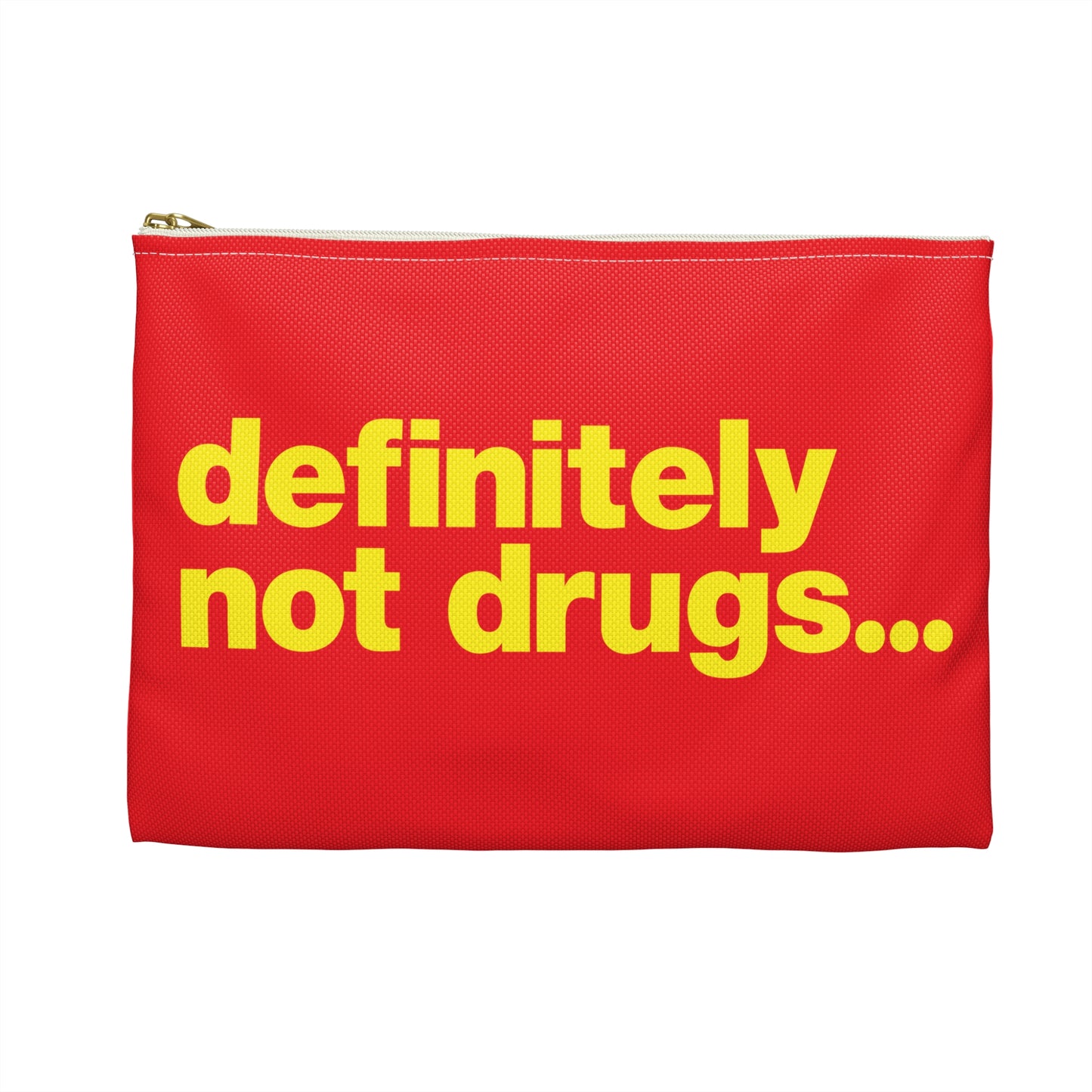 'Definitely Not Drugs' Funny Accessory Pouch - Yellow Deco on Red