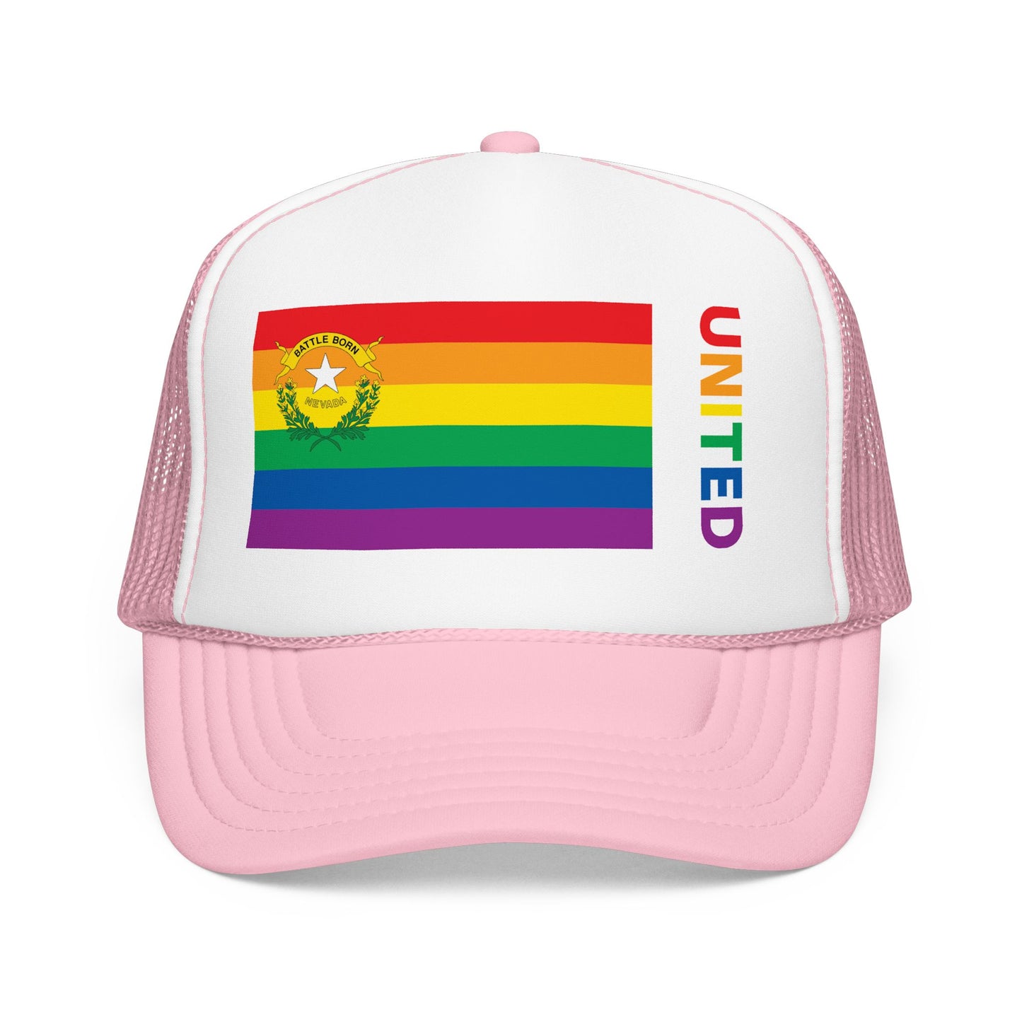 Nevada Rainbow Pride Flag "UNITED" Printed Foam Trucker Hat, Several Color Options