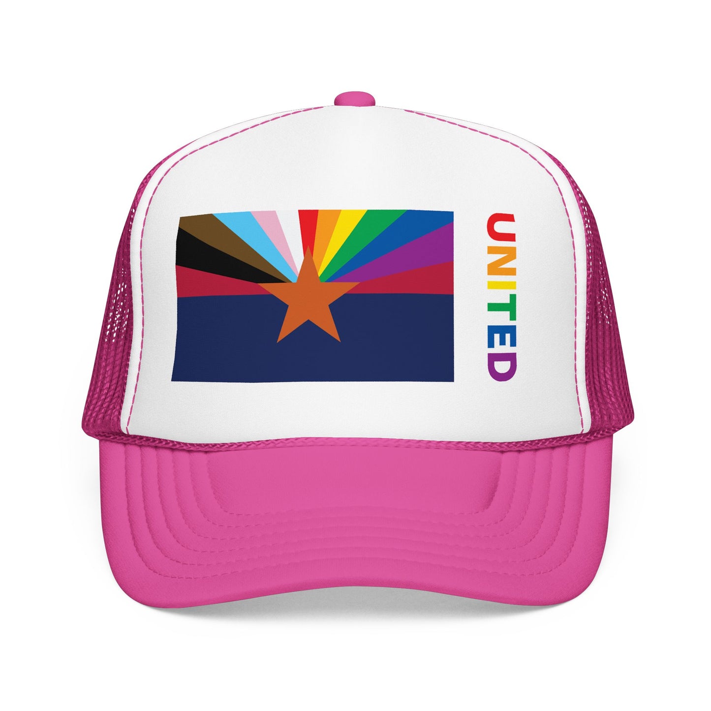 Arizona Rainbow Pride Flag "UNITED" Printed Foam Trucker Hat, Several Color Options