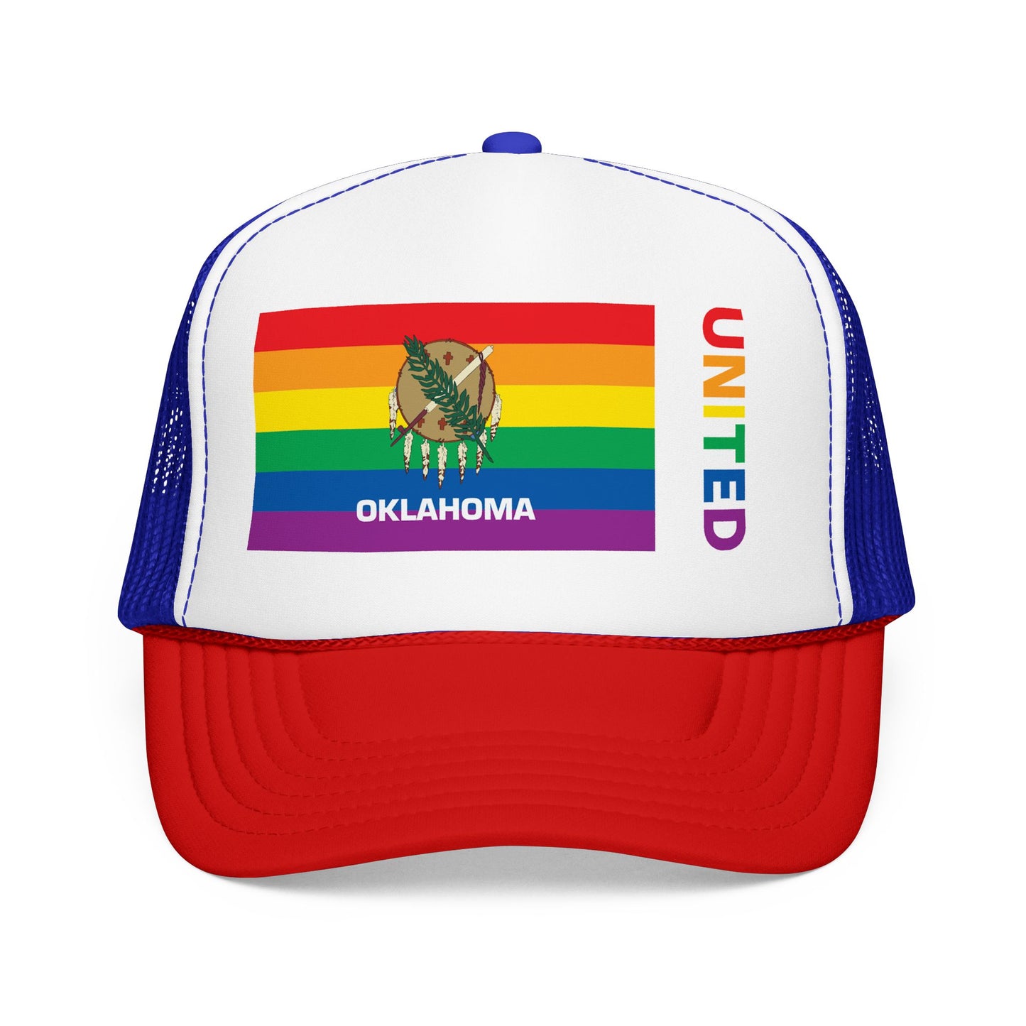 Oklahoma Rainbow Pride Flag "UNITED" Printed Foam Trucker Hat, Several Color Options