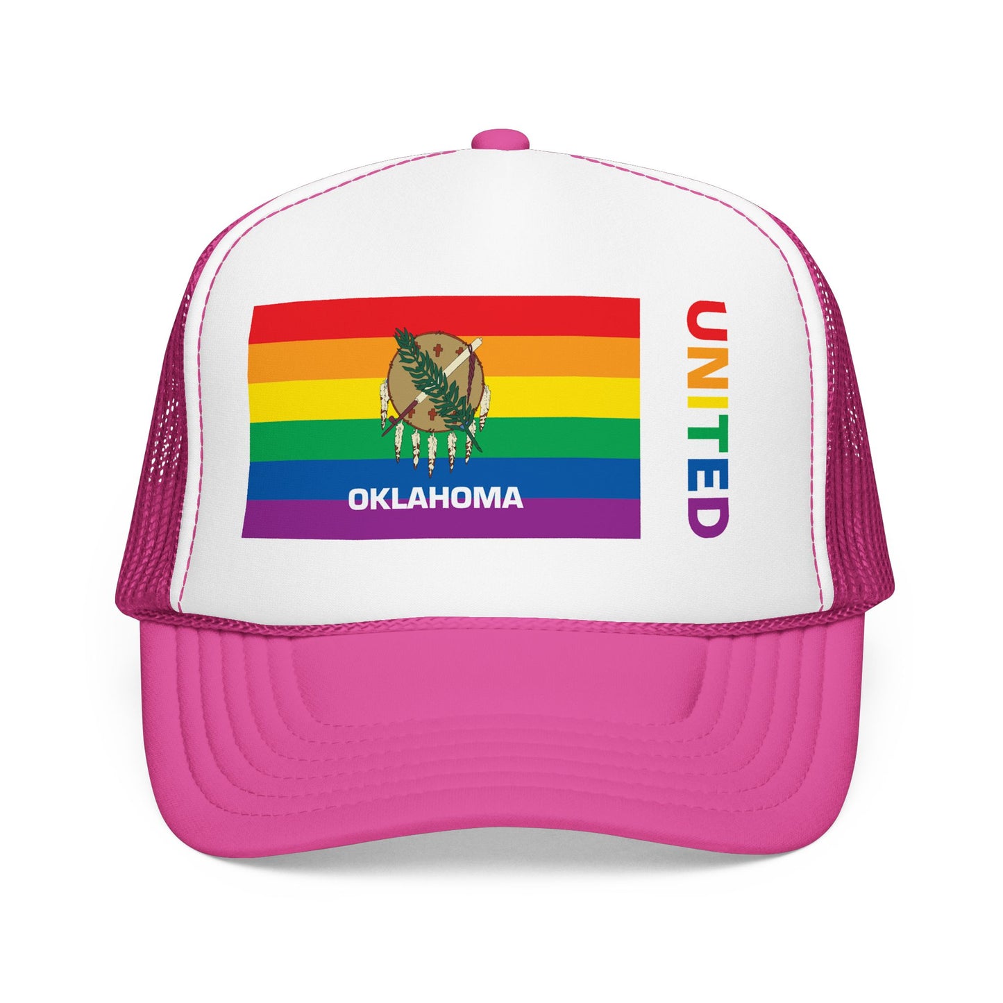 Oklahoma Rainbow Pride Flag "UNITED" Printed Foam Trucker Hat, Several Color Options