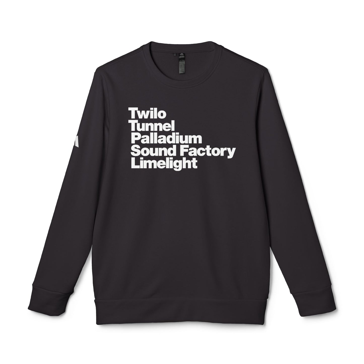 Twilo Tunnel Limelight Palladium Sound Factory Adidas® Fleece Crewneck Sweatshirt - NYC 90s Nightlife Collection - White Deco on Black