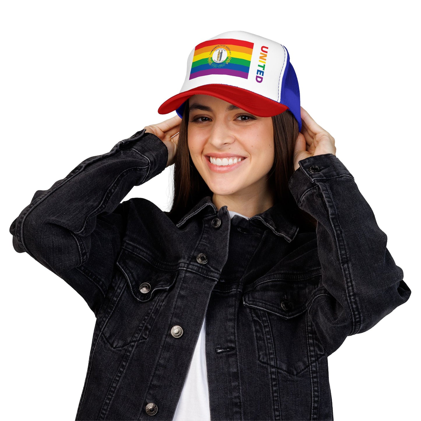 Kentucky Rainbow Pride Flag "UNITED" Printed Foam Trucker Hat, Several Color Options