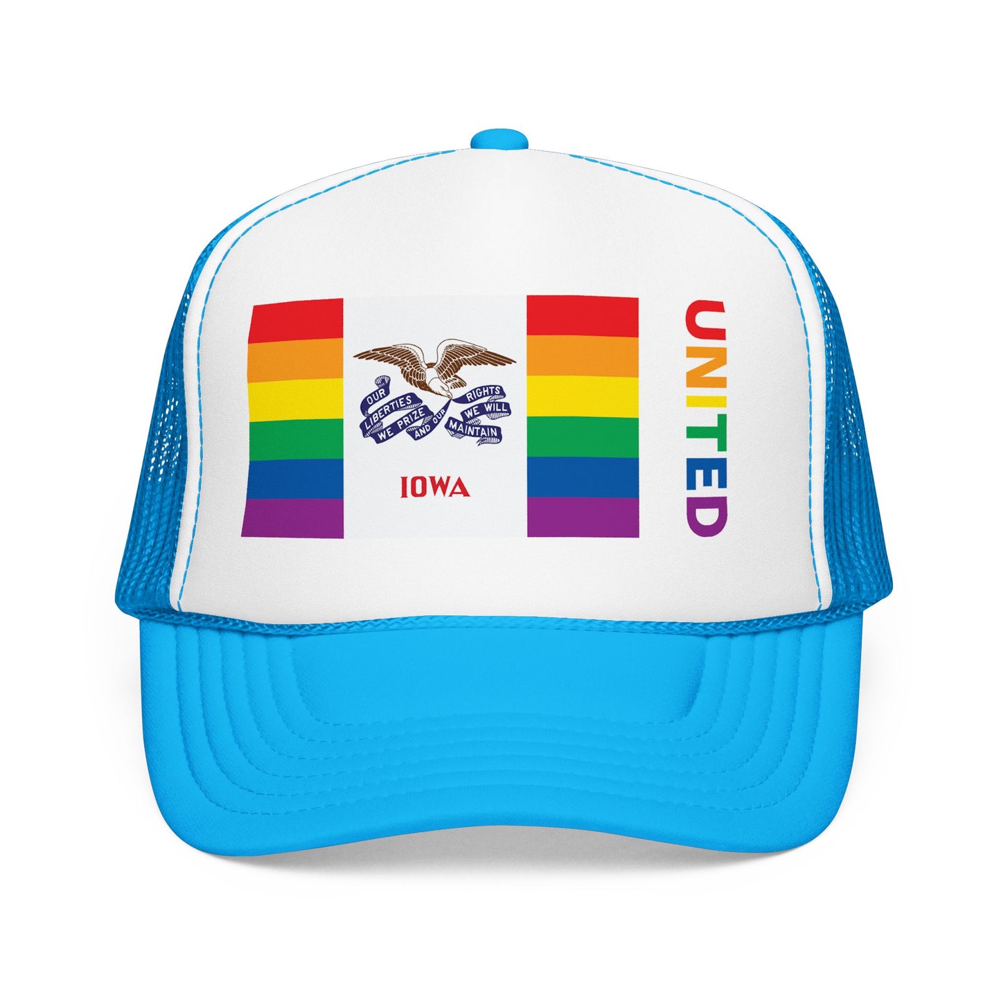 Iowa Rainbow Pride Flag "UNITED" Printed Foam Trucker Hat, Several Color Options