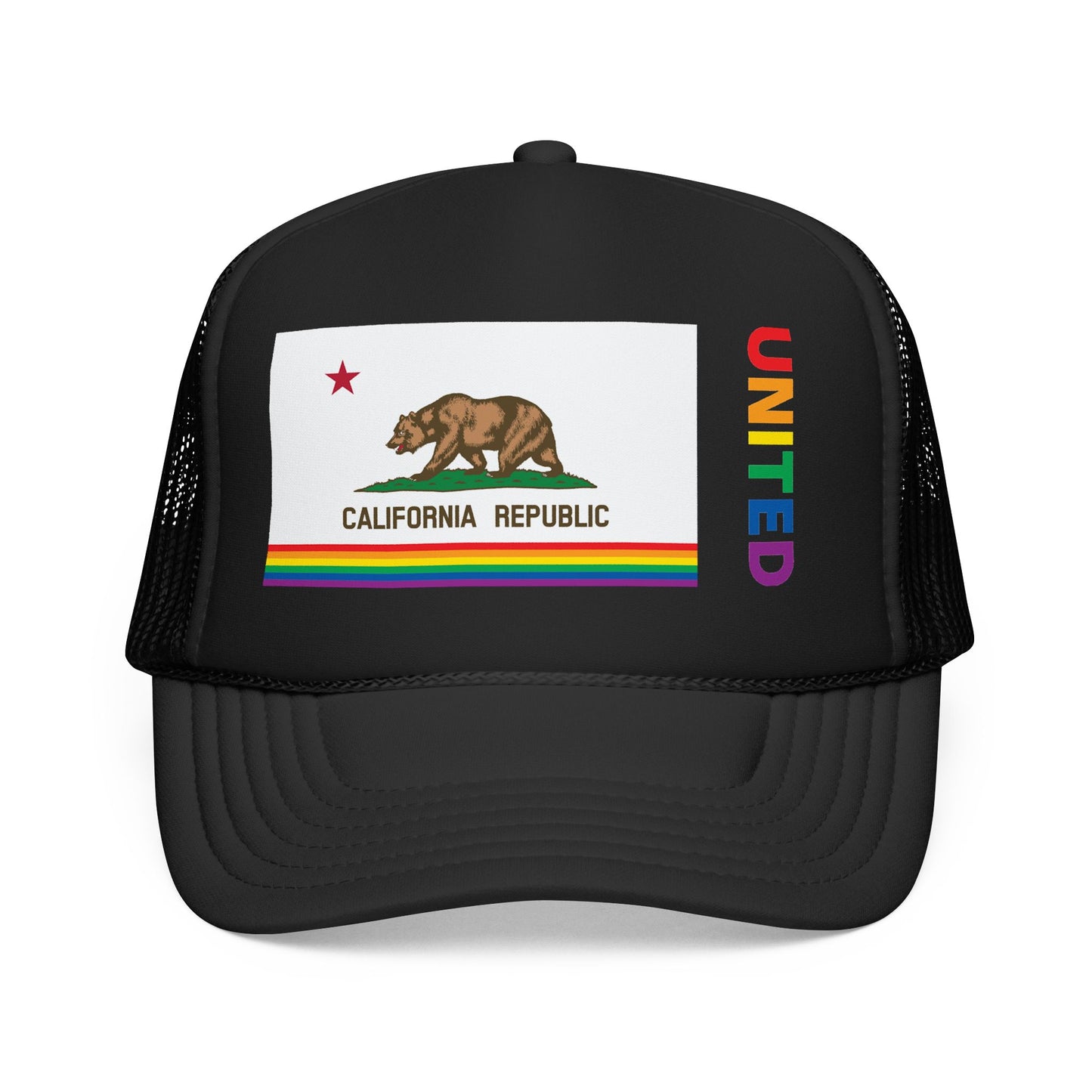 California Rainbow Pride Flag "UNITED" Printed Foam Trucker Hat, Several Color Options