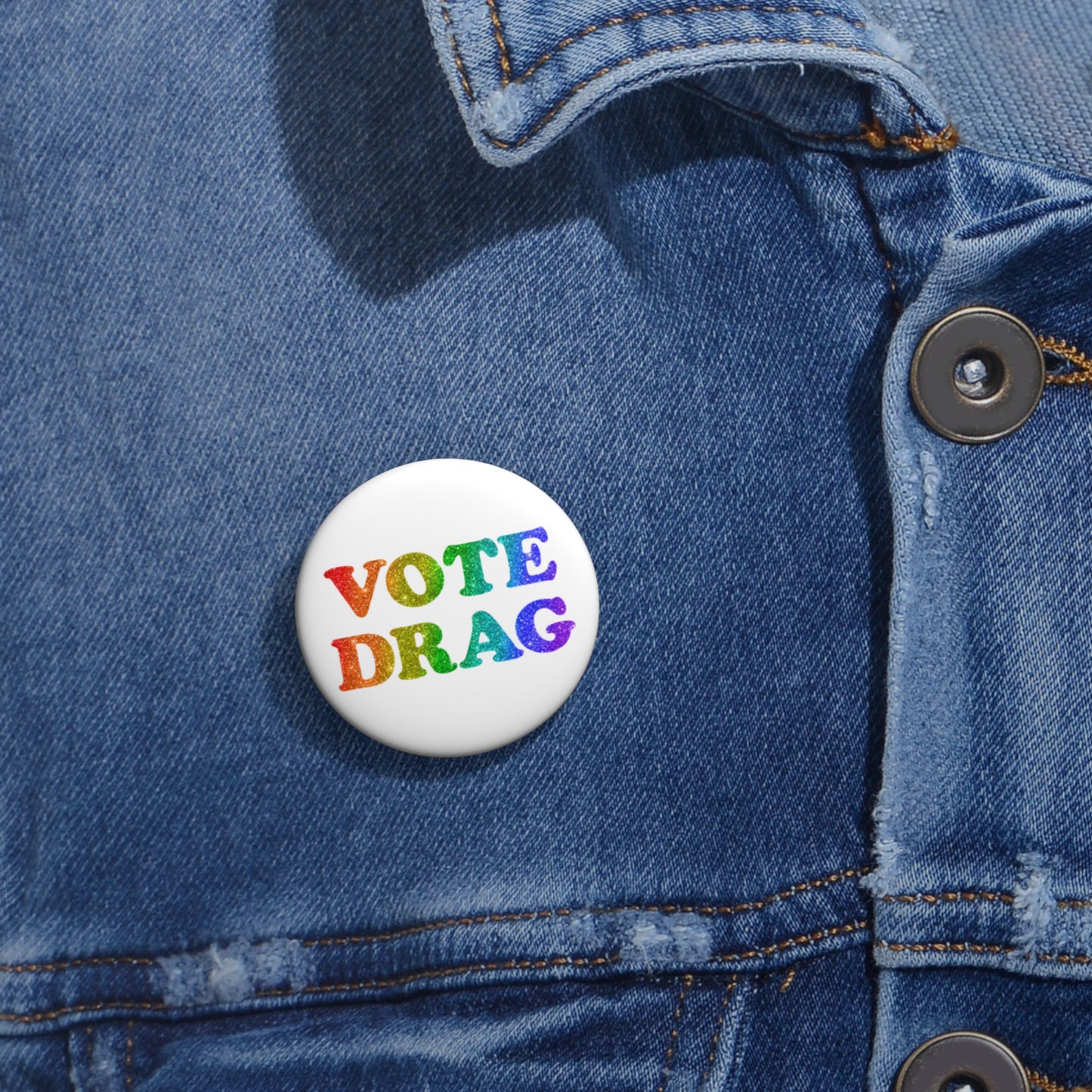 VOTE DRAG Activism Pin Button in Rainbow Glitter on White