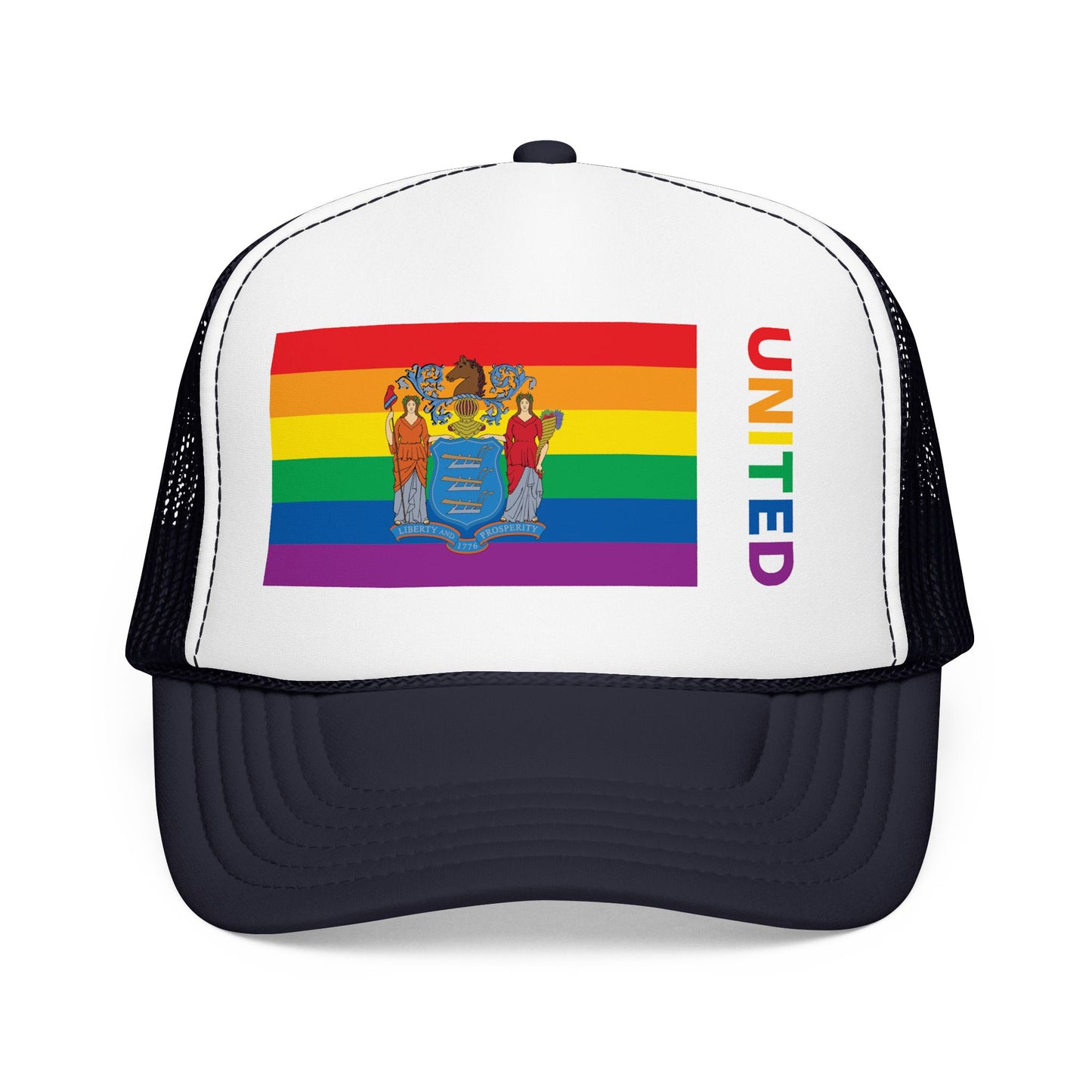 New Jersey Rainbow Pride Flag "UNITED" Printed Foam Trucker Hat, Several Color Options