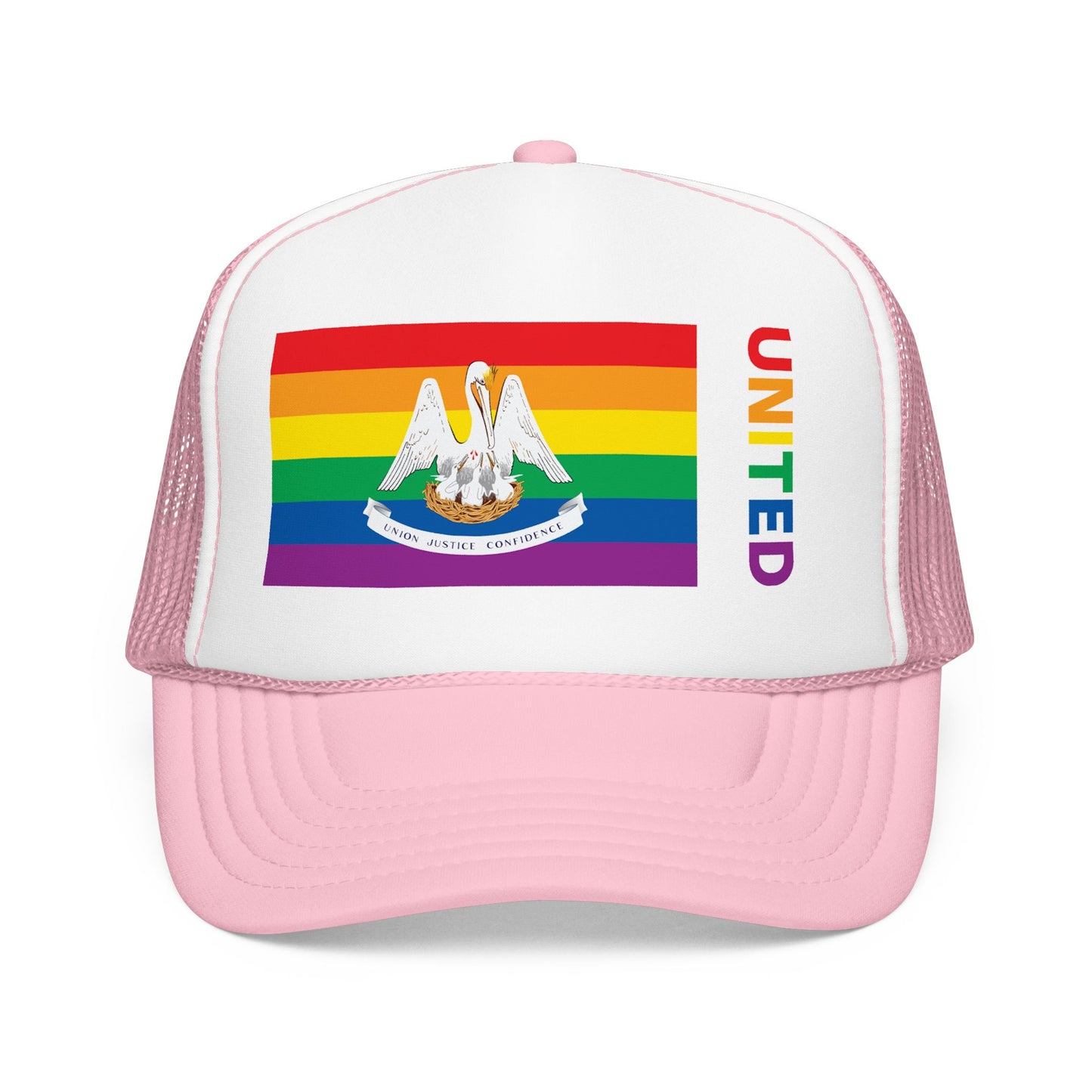 Louisiana Rainbow Pride Flag "UNITED" Printed Foam Trucker Hat, Several Color Options