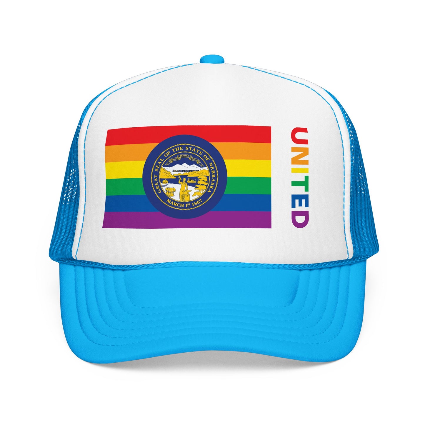 Nebraska Rainbow Pride Flag "UNITED" Printed Foam Trucker Hat, Several Color Options