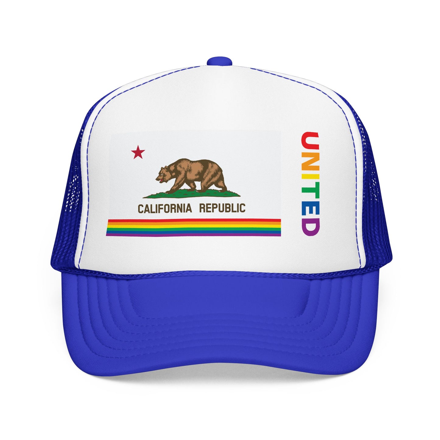 California Rainbow Pride Flag "UNITED" Printed Foam Trucker Hat, Several Color Options