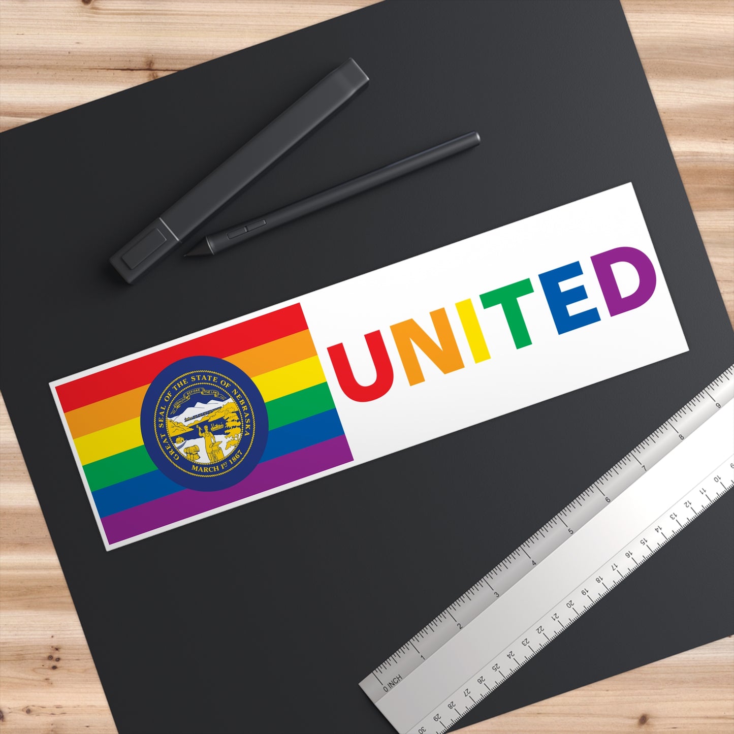 Nebraska Rainbow Pride Flag "UNITED" Bumper Sticker