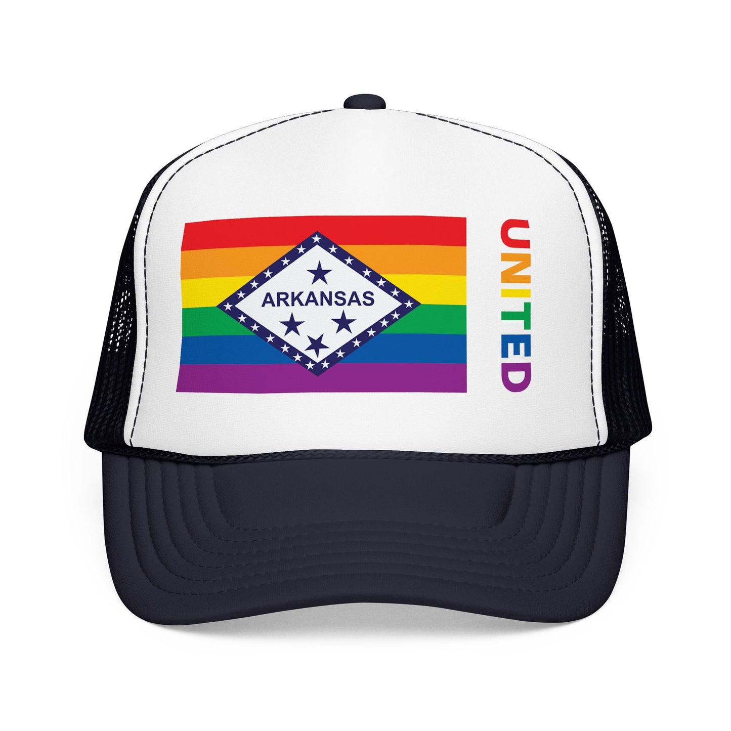 Arkansas Rainbow Pride Flag "UNITED" Printed Foam Trucker Hat, Several Color Options