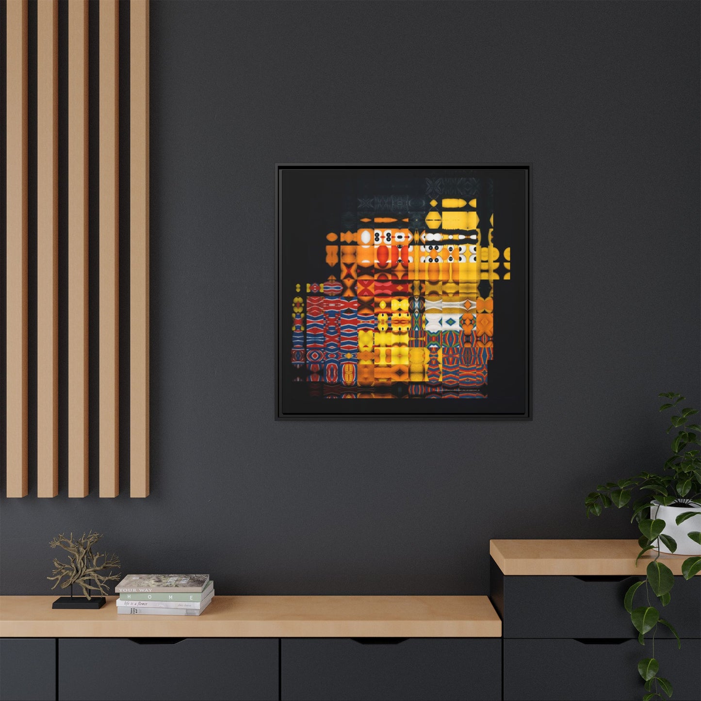 Iconic Domestic Partners in Plain Sight: Bert, Ernie, and Rubber Ducky Abstract Portrait Collage Art — Matte Canvas, Framed (Multi-color options)