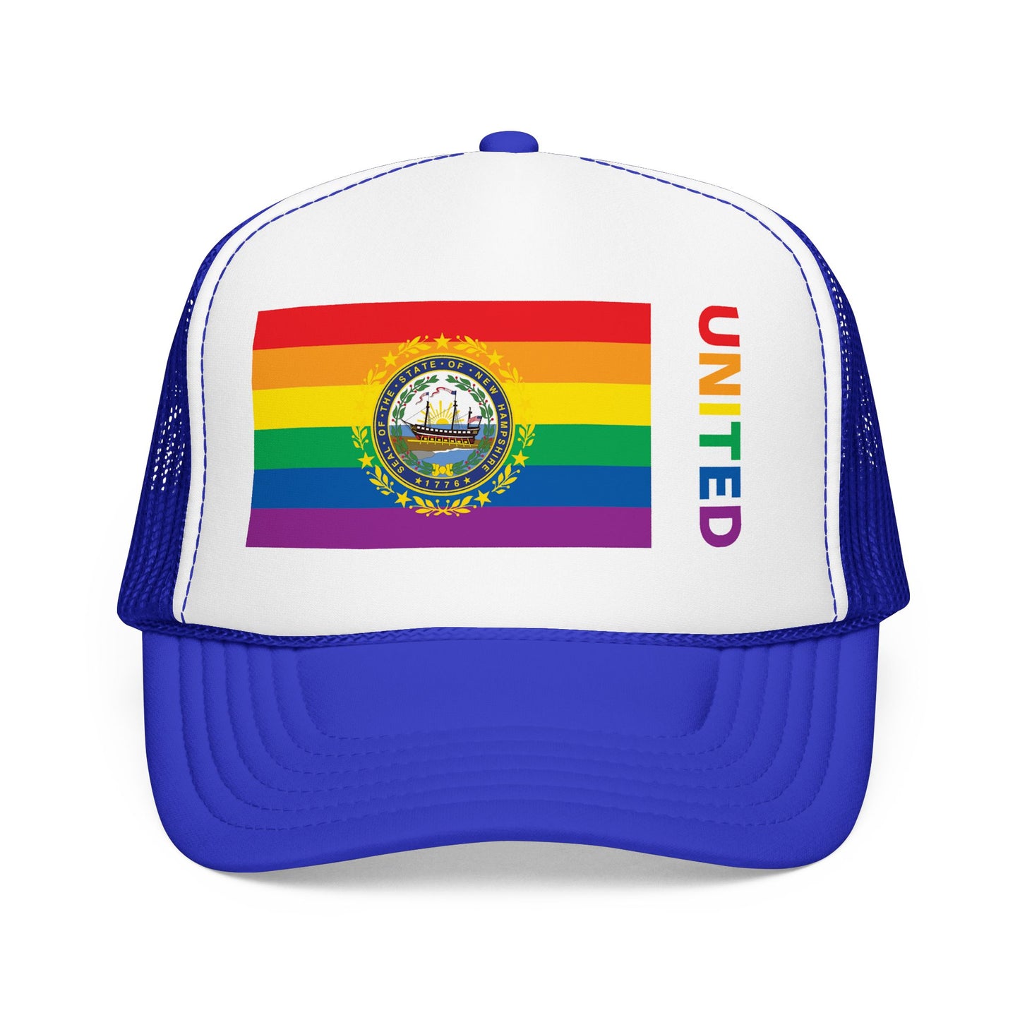 New Hampshire Rainbow Pride Flag "UNITED" Printed Foam Trucker Hat, Several Color Options