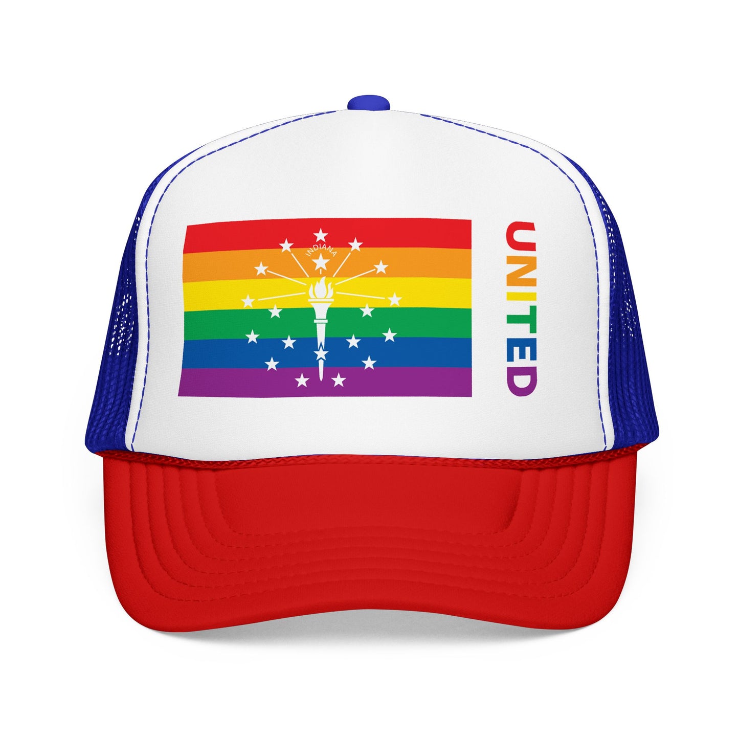 Indiana Rainbow Pride Flag "UNITED" Printed Foam Trucker Hat, Several Color Options