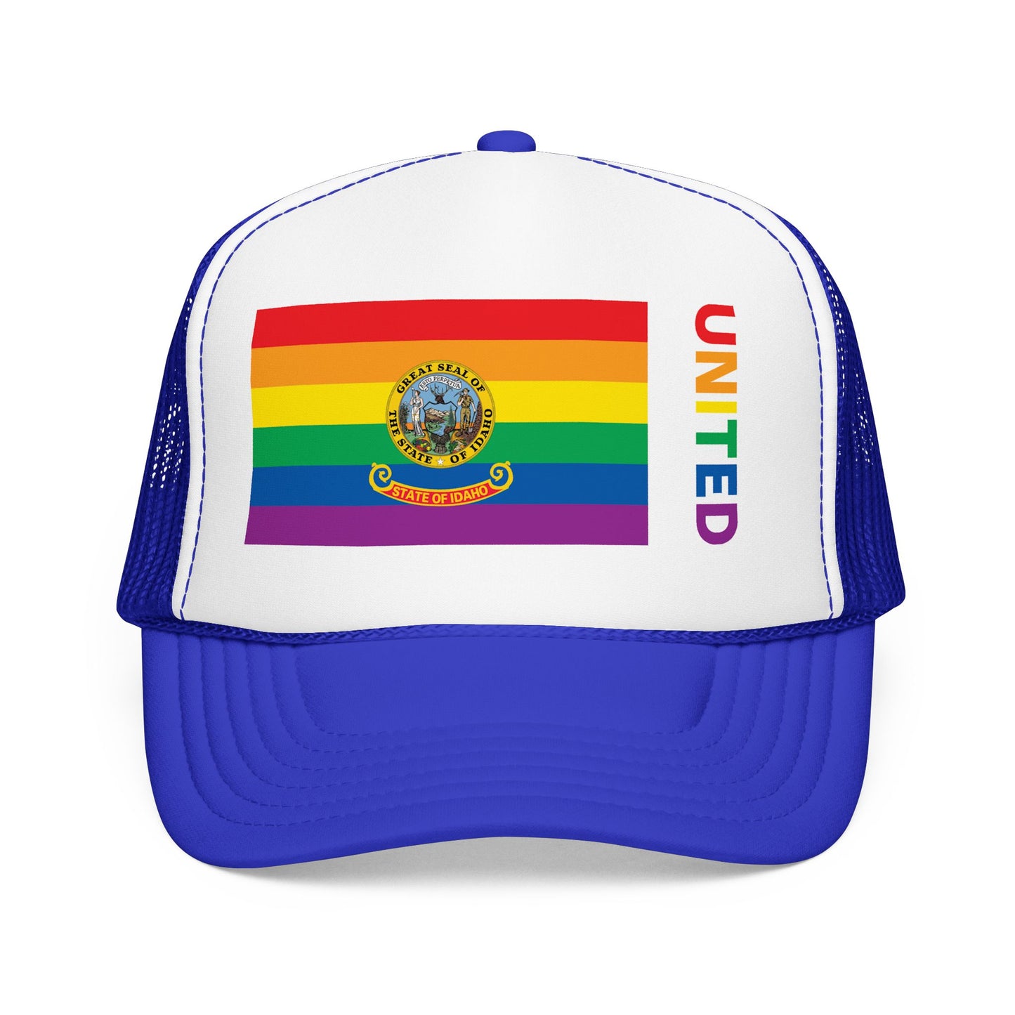 Idaho Rainbow Pride Flag "UNITED" Printed Foam Trucker Hat, Several Color Options