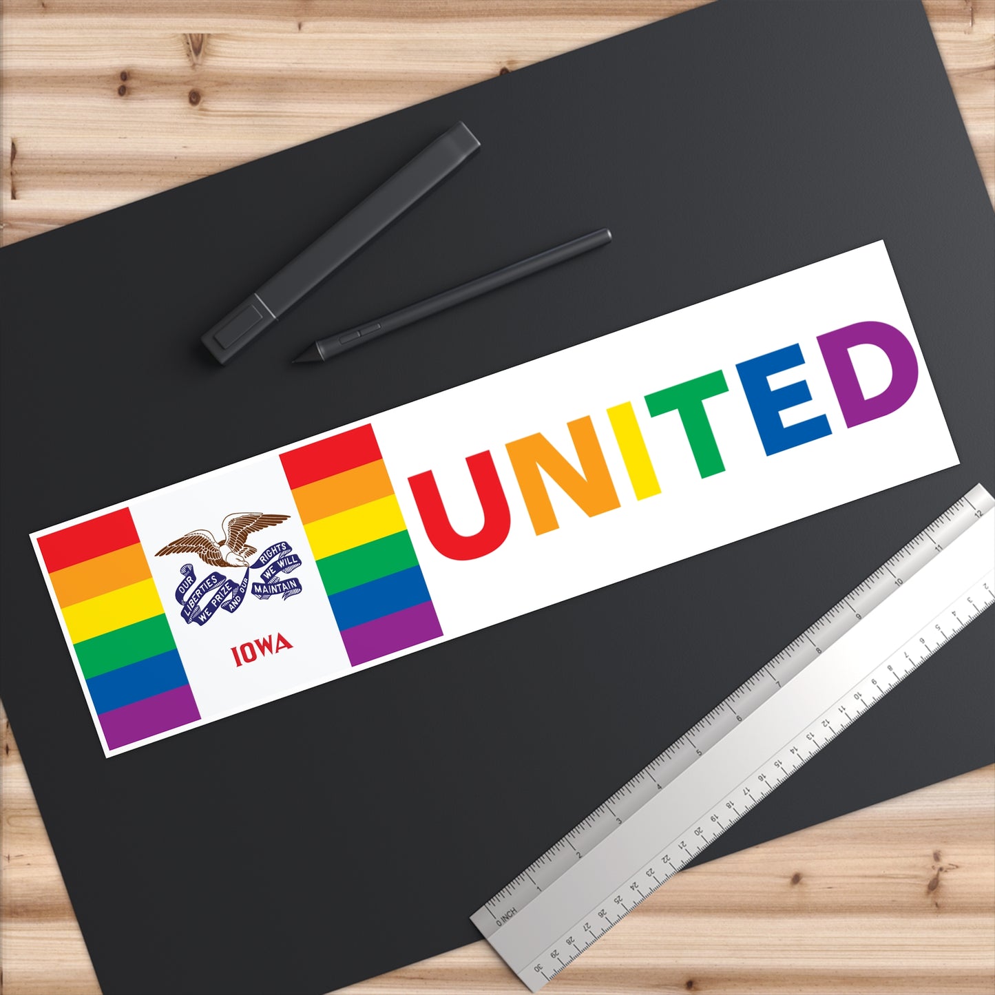 Iowa Rainbow Pride Flag "UNITED" Bumper Sticker