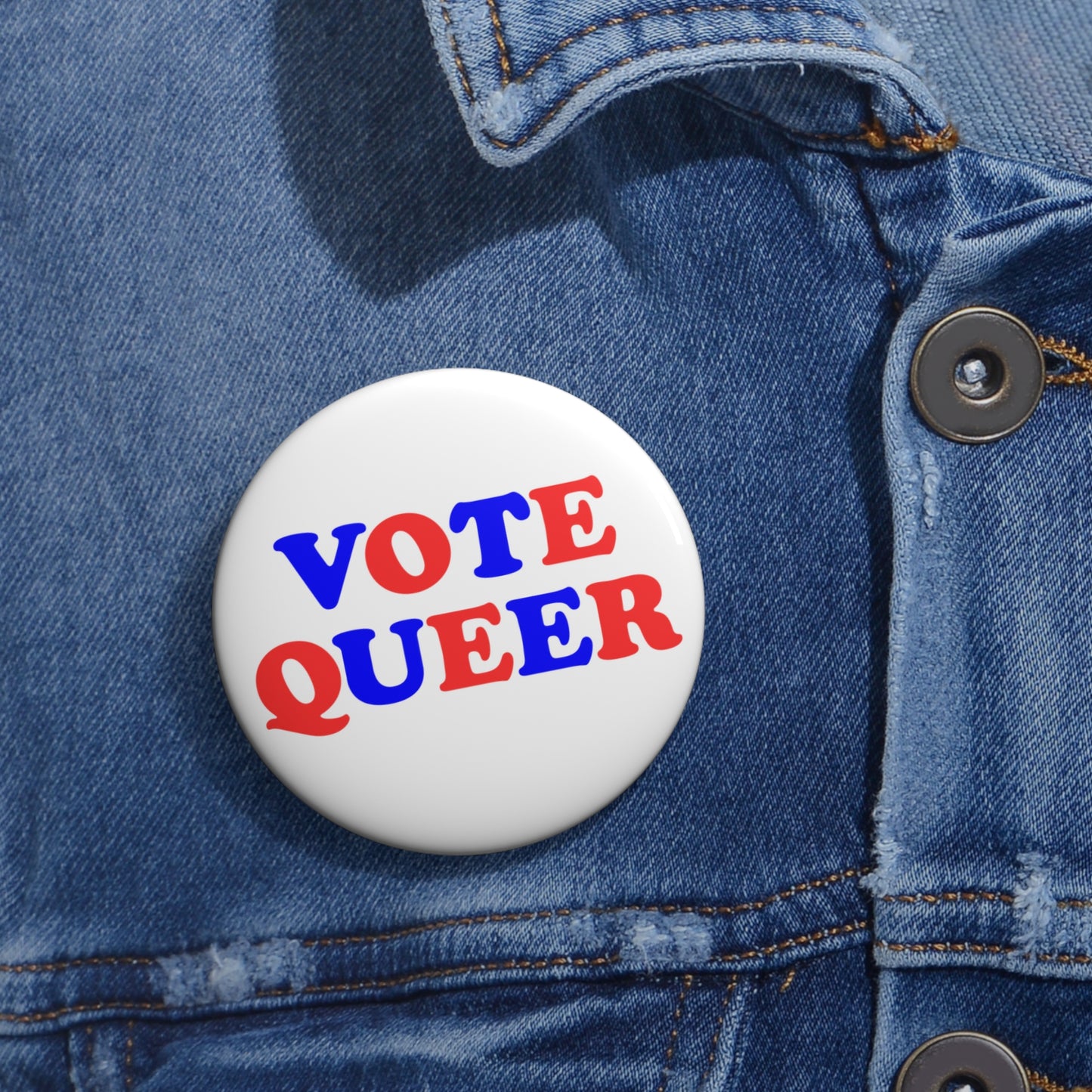 VOTE QUEER Activism Pin Button, Red White and Blue