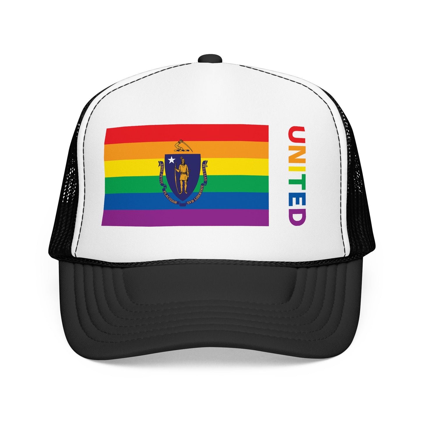 Massachusetts Rainbow Pride Flag "UNITED" Printed Foam Trucker Hat, Several Color Options