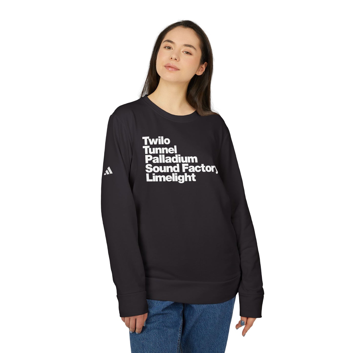 Twilo Tunnel Limelight Palladium Sound Factory Adidas® Fleece Crewneck Sweatshirt - NYC 90s Nightlife Collection - White Deco on Black