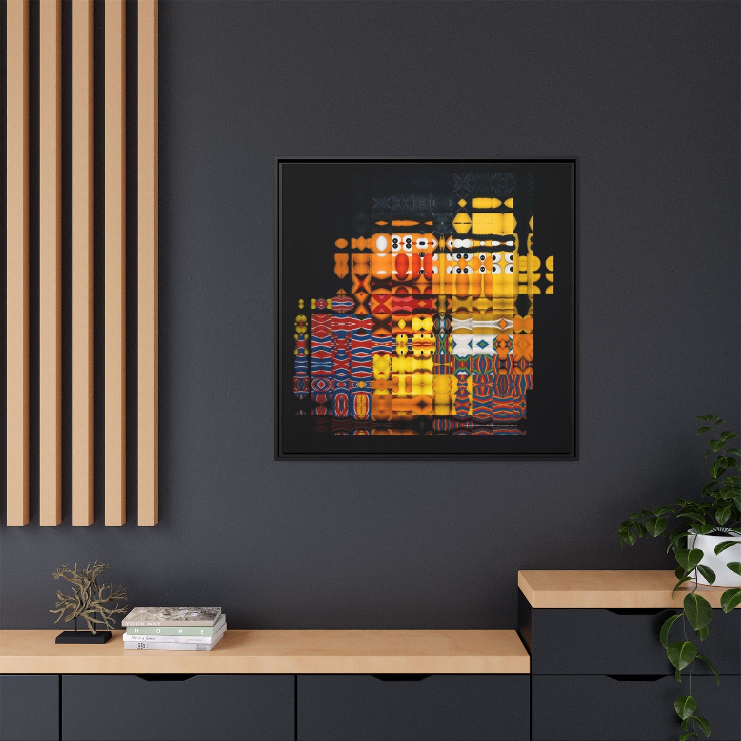 Iconic Domestic Partners in Plain Sight: Bert, Ernie, and Rubber Ducky Abstract Portrait Collage Art — Matte Canvas, Framed (Multi-color options)