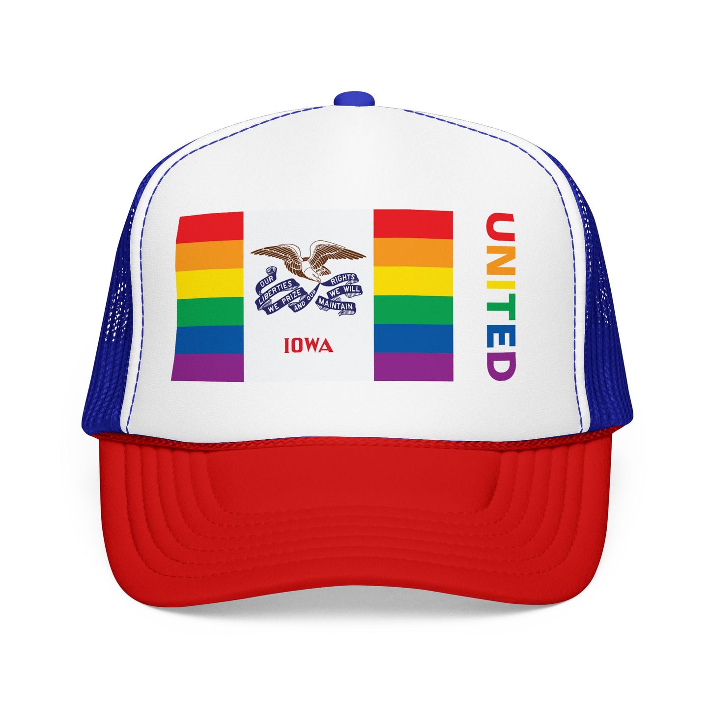 Iowa Rainbow Pride Flag "UNITED" Printed Foam Trucker Hat, Several Color Options