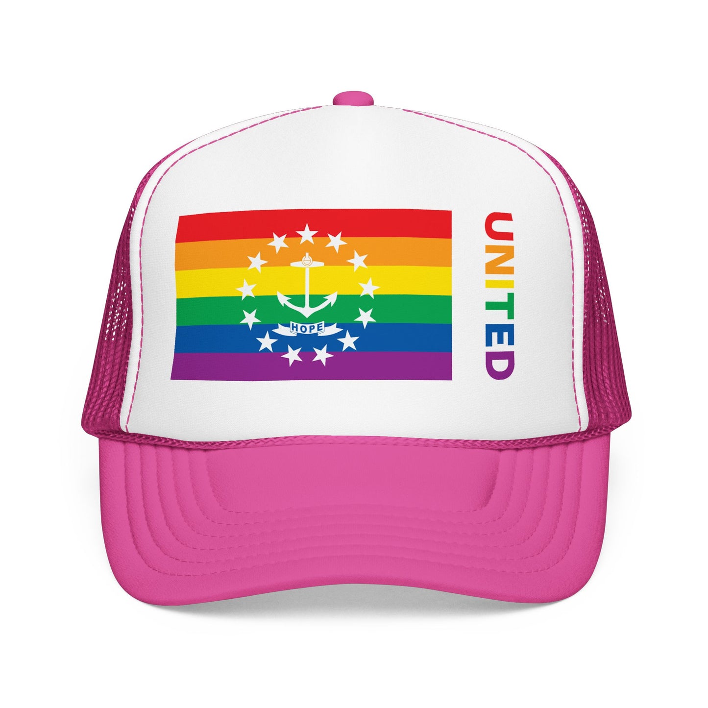 Rhode Island Rainbow Pride Flag "UNITED" Printed Foam Trucker Hat, Several Color Options