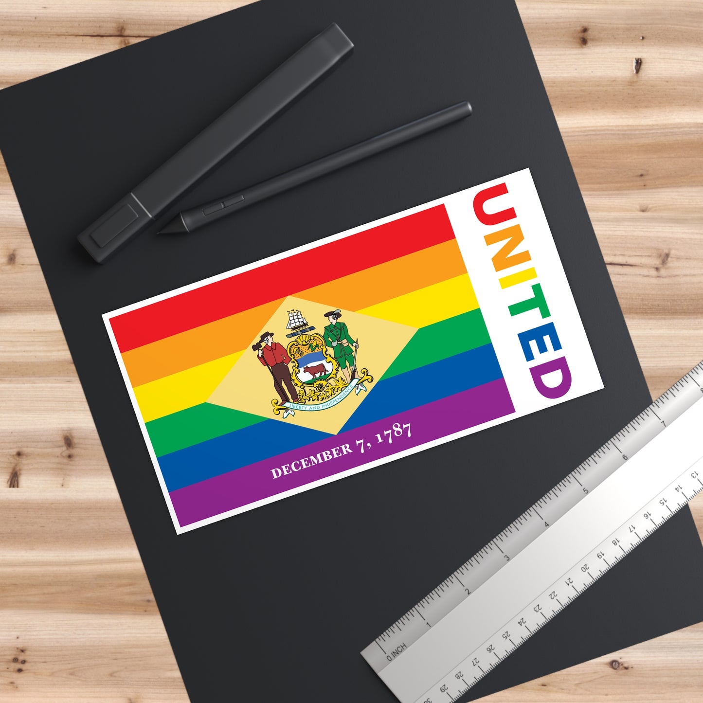 Delaware Rainbow Pride Flag "UNITED" Bumper Sticker