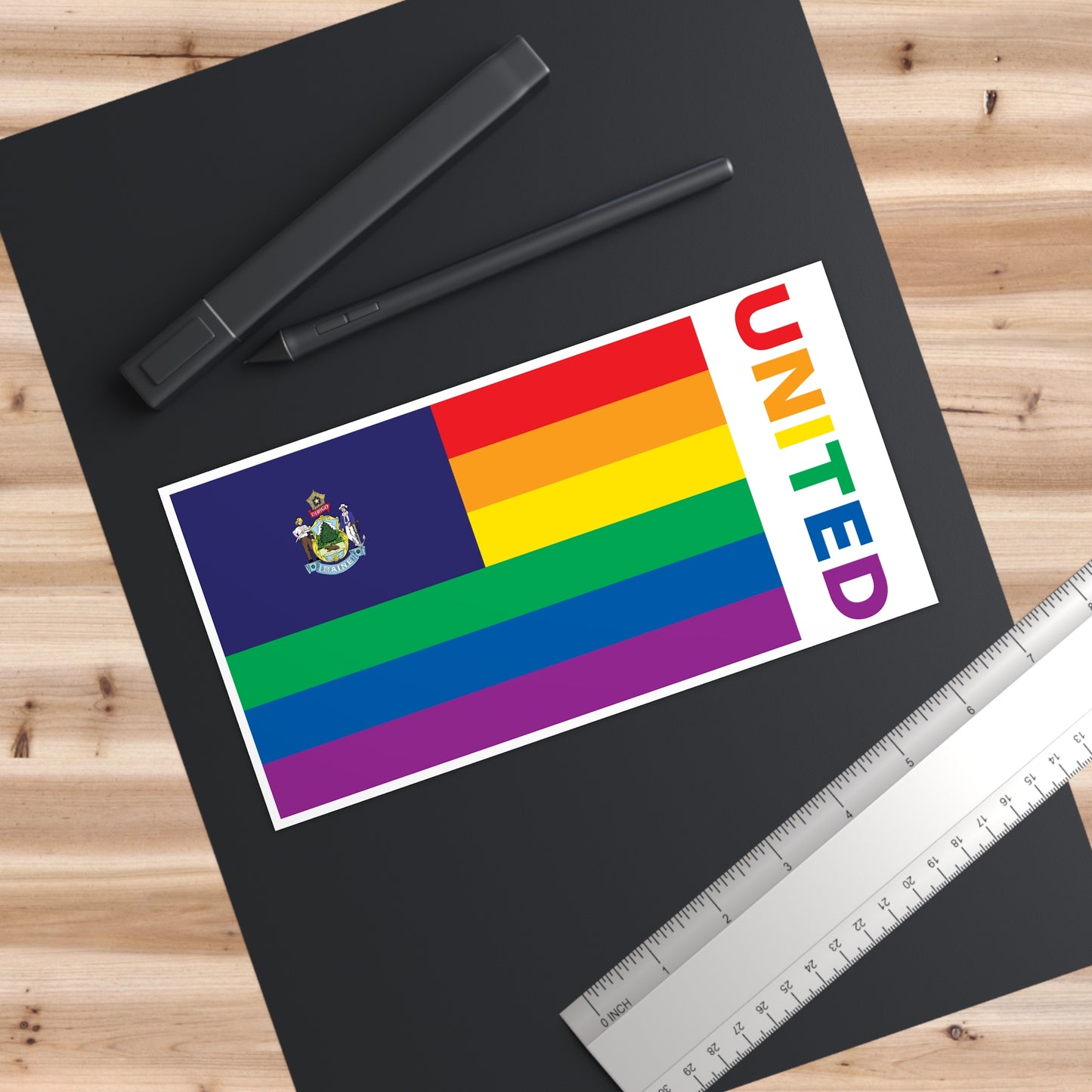 Maine Rainbow Pride Flag "UNITED" Bumper Sticker