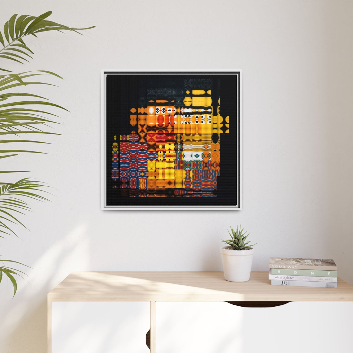 Iconic Domestic Partners in Plain Sight: Bert, Ernie, and Rubber Ducky Abstract Portrait Collage Art — Matte Canvas, Framed (Multi-color options)