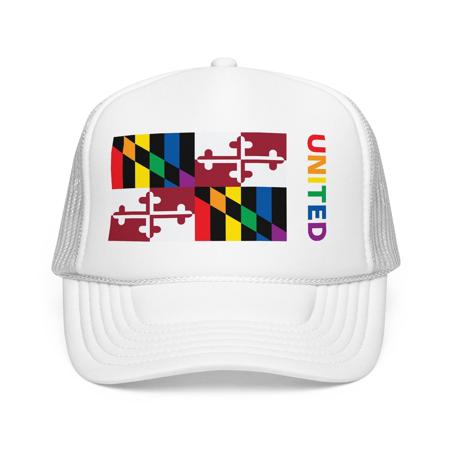 Maryland Rainbow Pride Flag "UNITED" Printed Foam Trucker Hat, Several Color Options