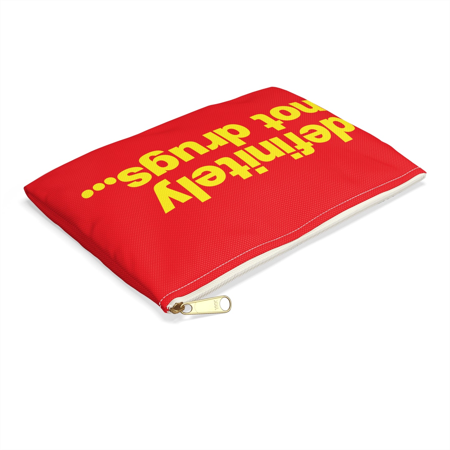 'Definitely Not Drugs' Funny Accessory Pouch - Yellow Deco on Red