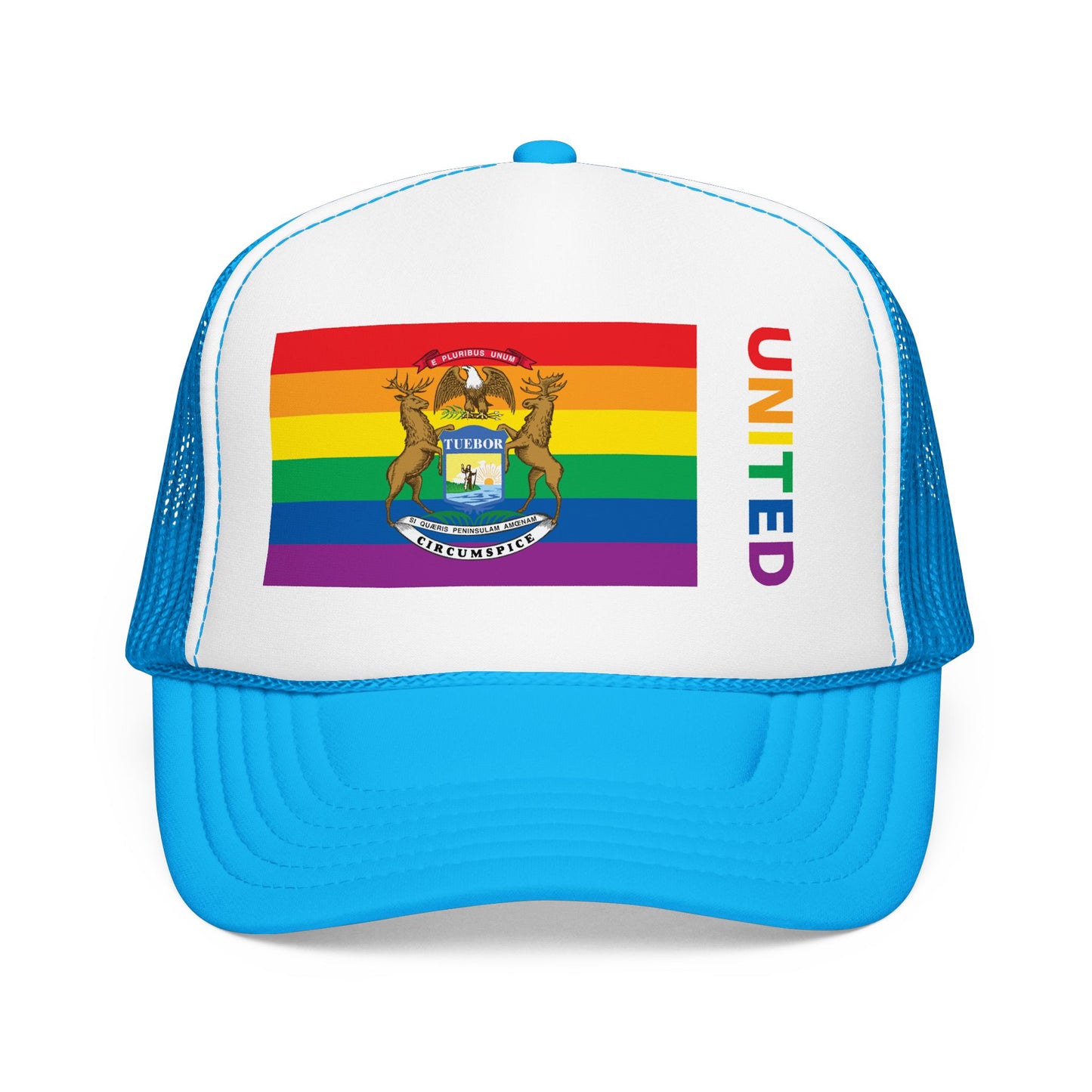 Michigan Rainbow Pride Flag "UNITED" Printed Foam Trucker Hat, Several Color Options