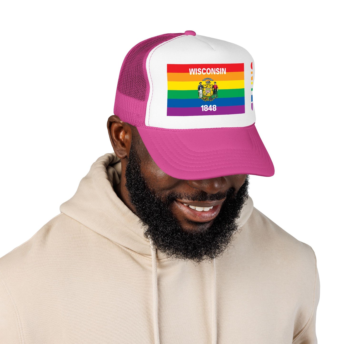 Wisconsin Rainbow Pride Flag "UNITED" Printed Foam Trucker Hat, Several Color Options