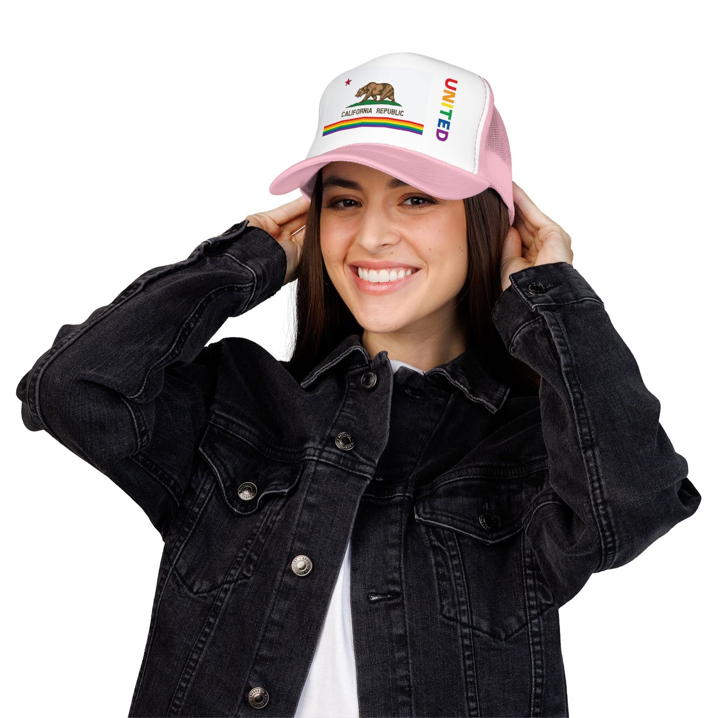 California Rainbow Pride Flag "UNITED" Printed Foam Trucker Hat, Several Color Options